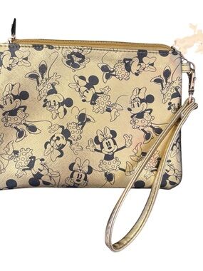 Disney Gold Minnie Mouse Wristlet Clutch with Black Print